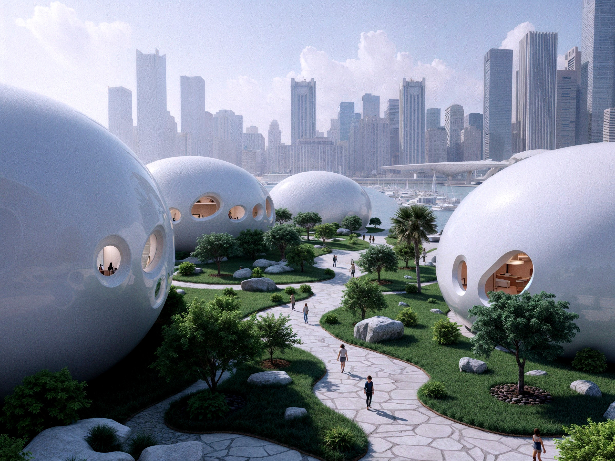Futuristic cityscape with rounded architectural designs
