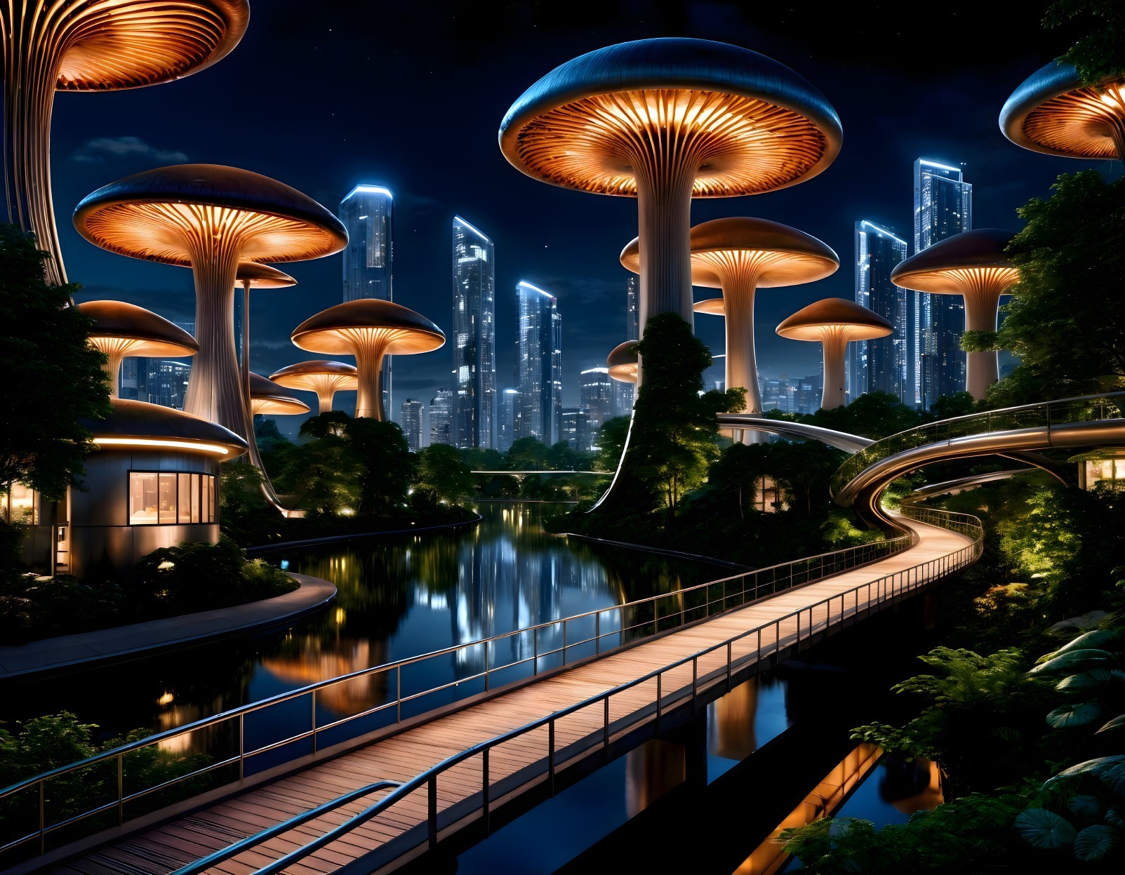 Futuristic Cityscape with Luminescent Mushrooms and Canals