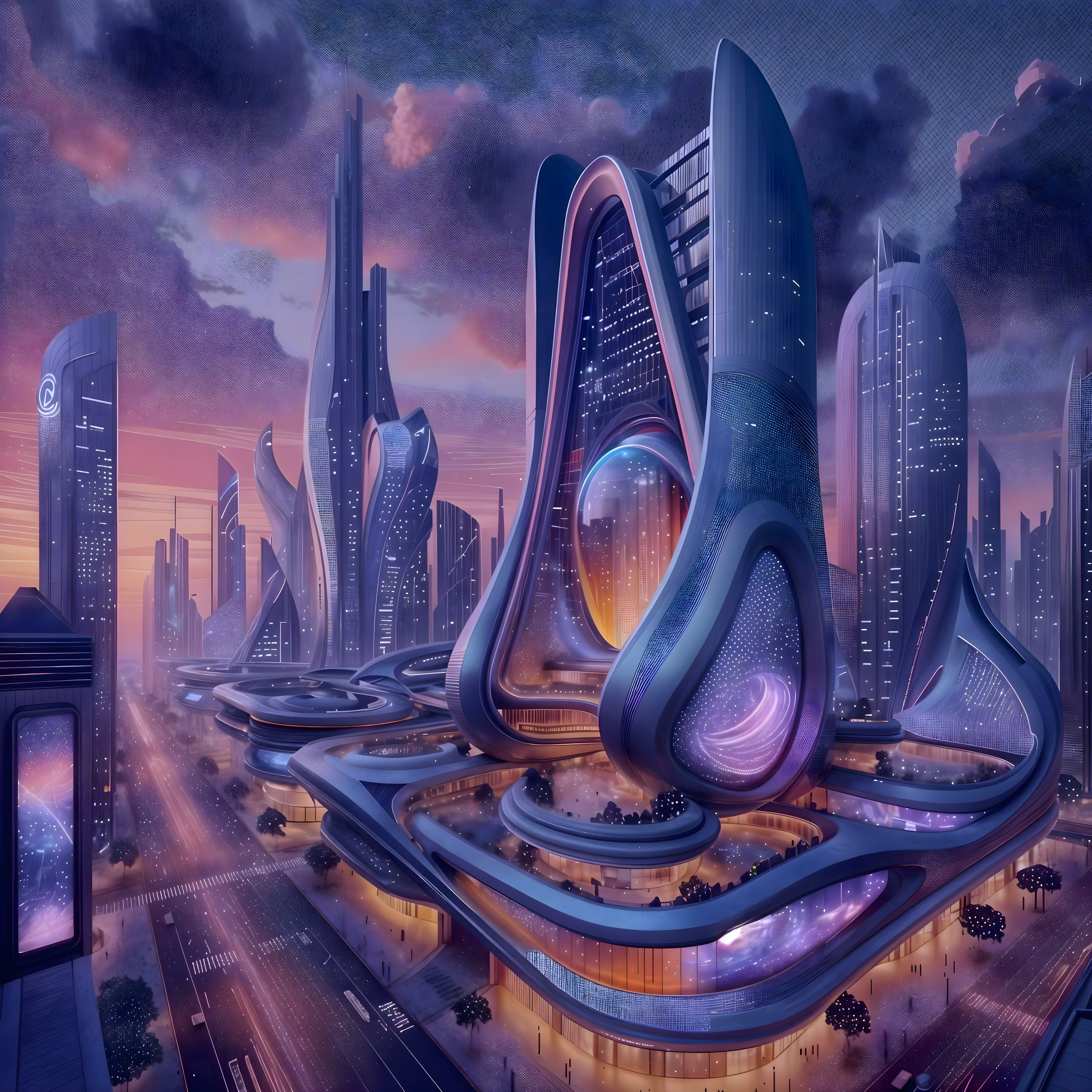 Futuristic Cityscape with Organic Architecture at Dusk