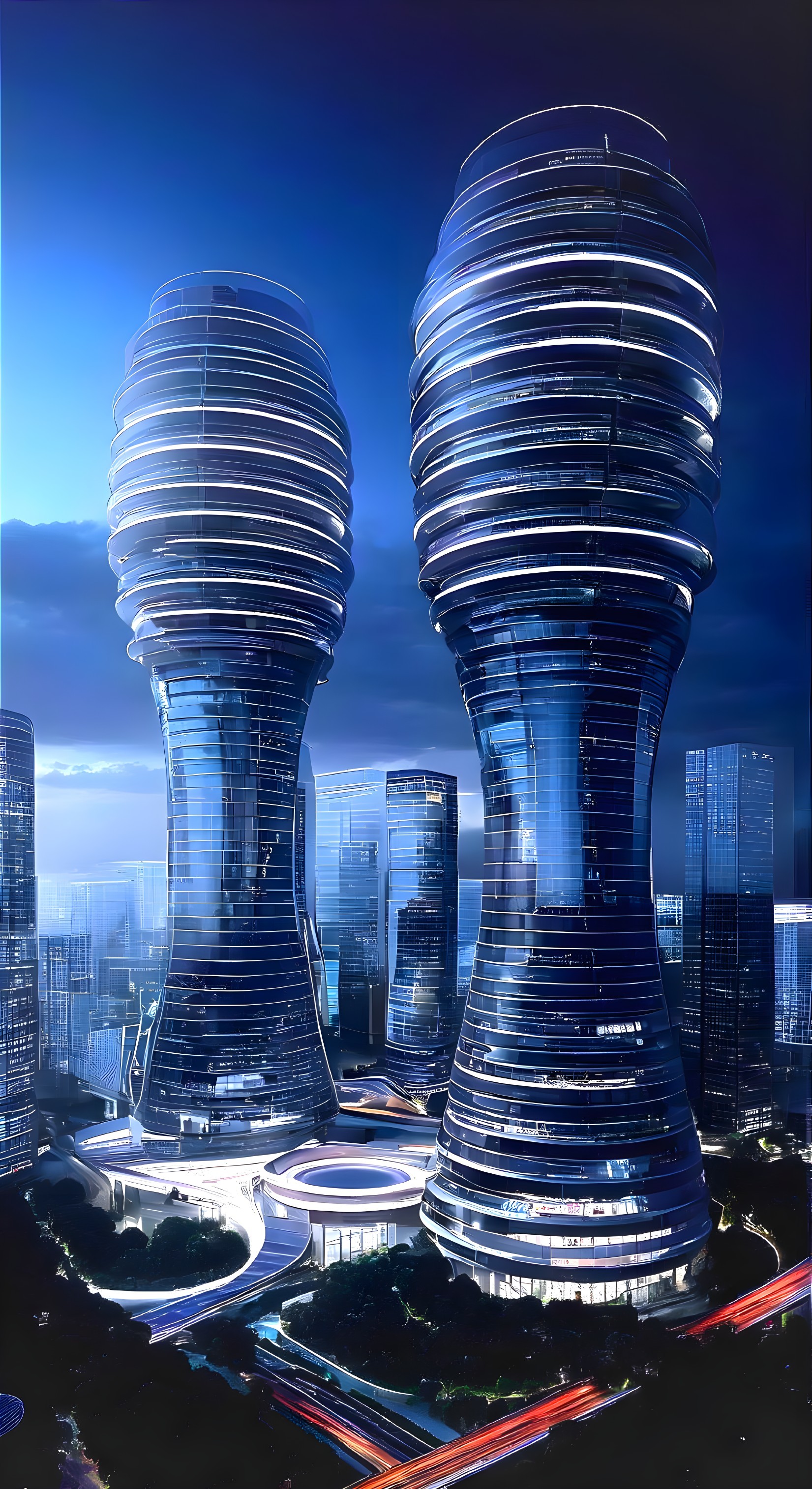 Futuristic Twisted Skyscrapers in Urban Cityscape