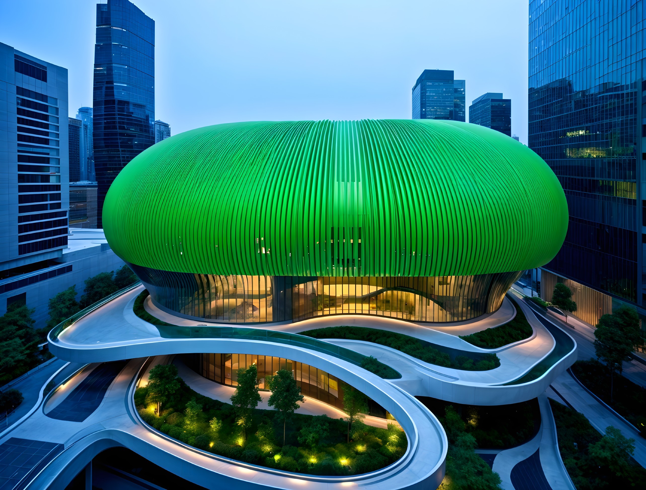 Modern Architectural Structure with Green Ribbed Exterior