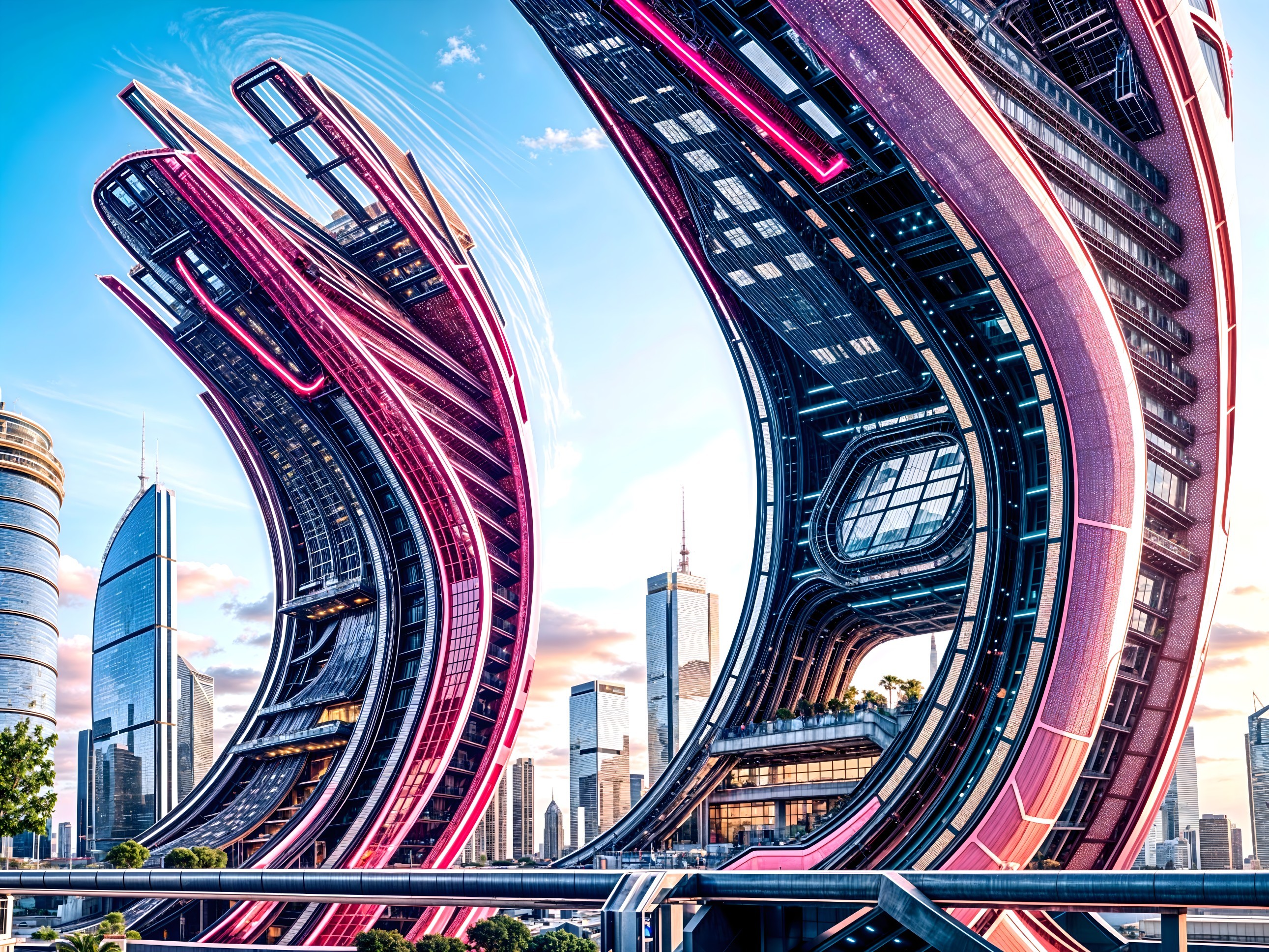 Futuristic cityscape with neon skyscrapers and greenery