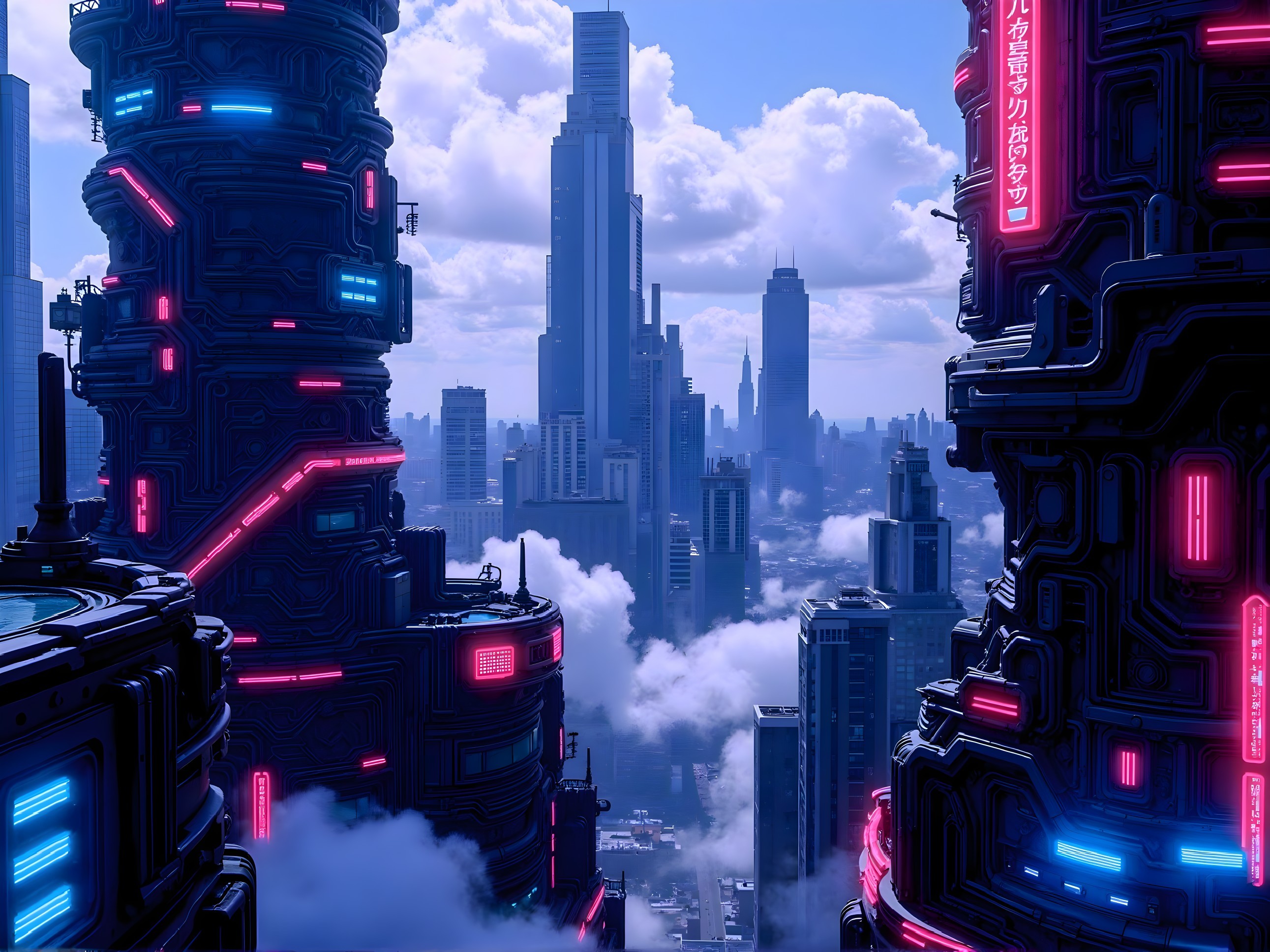 Futuristic Cityscape with Neon Lights and Skyscrapers