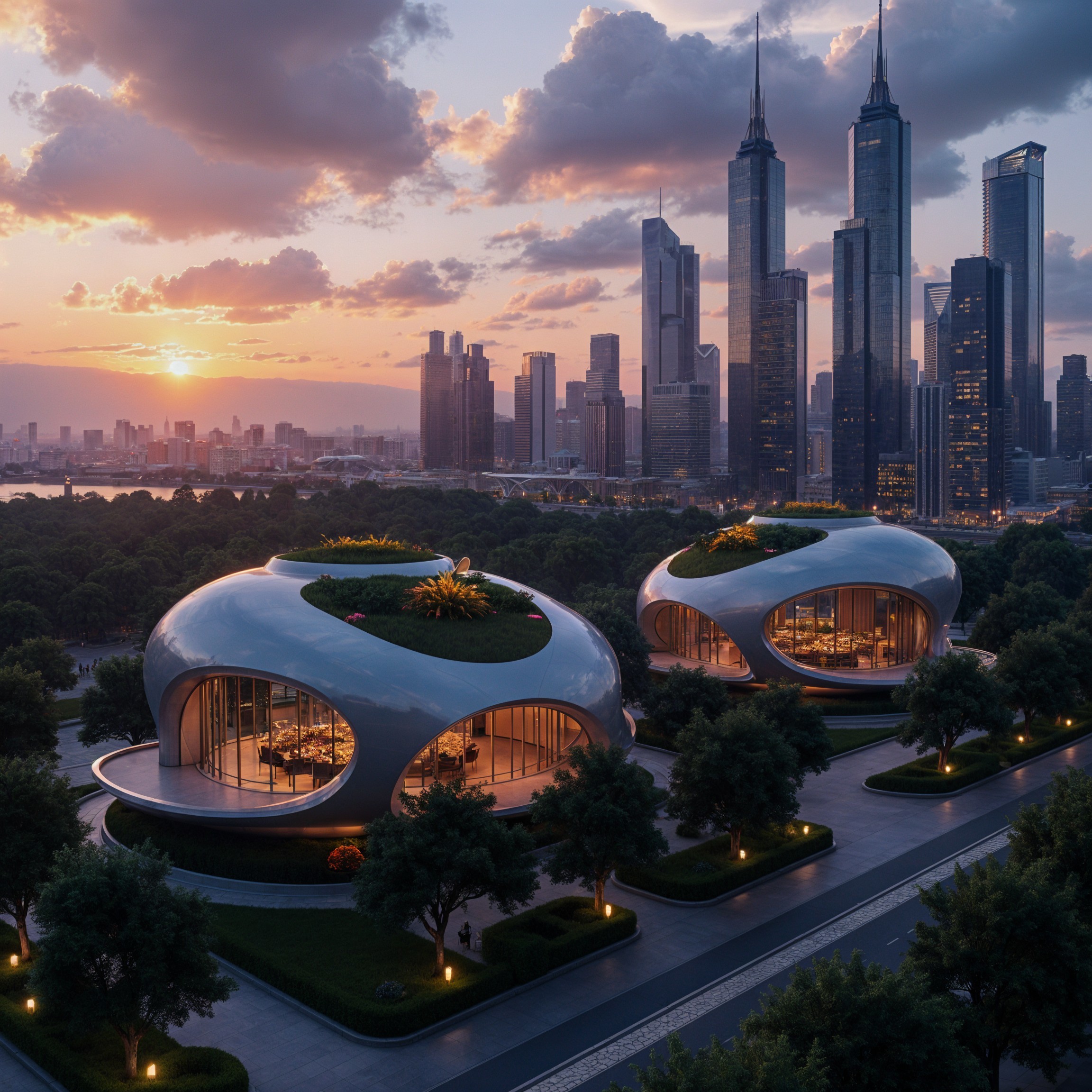 Futuristic Architectural Designs with Sunset Backdrop