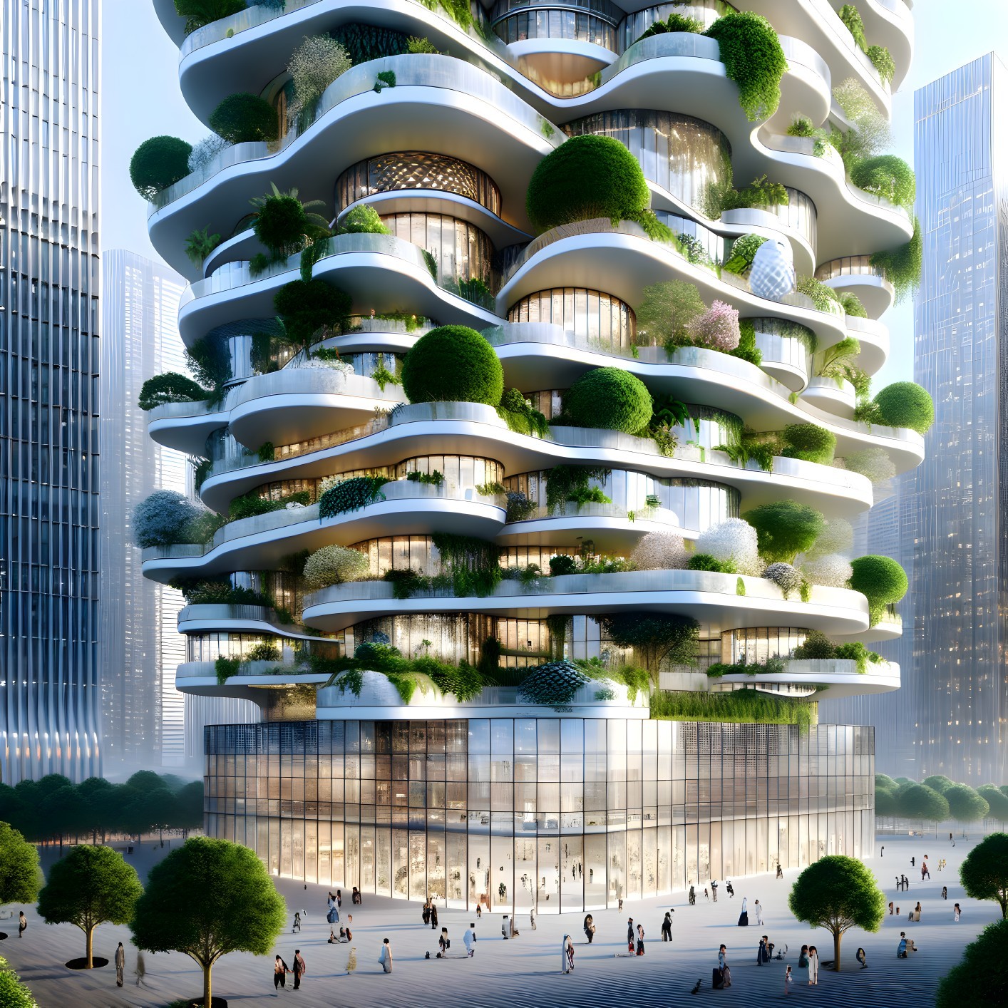 Futuristic Skyscraper with Organic Terraces and Greenery