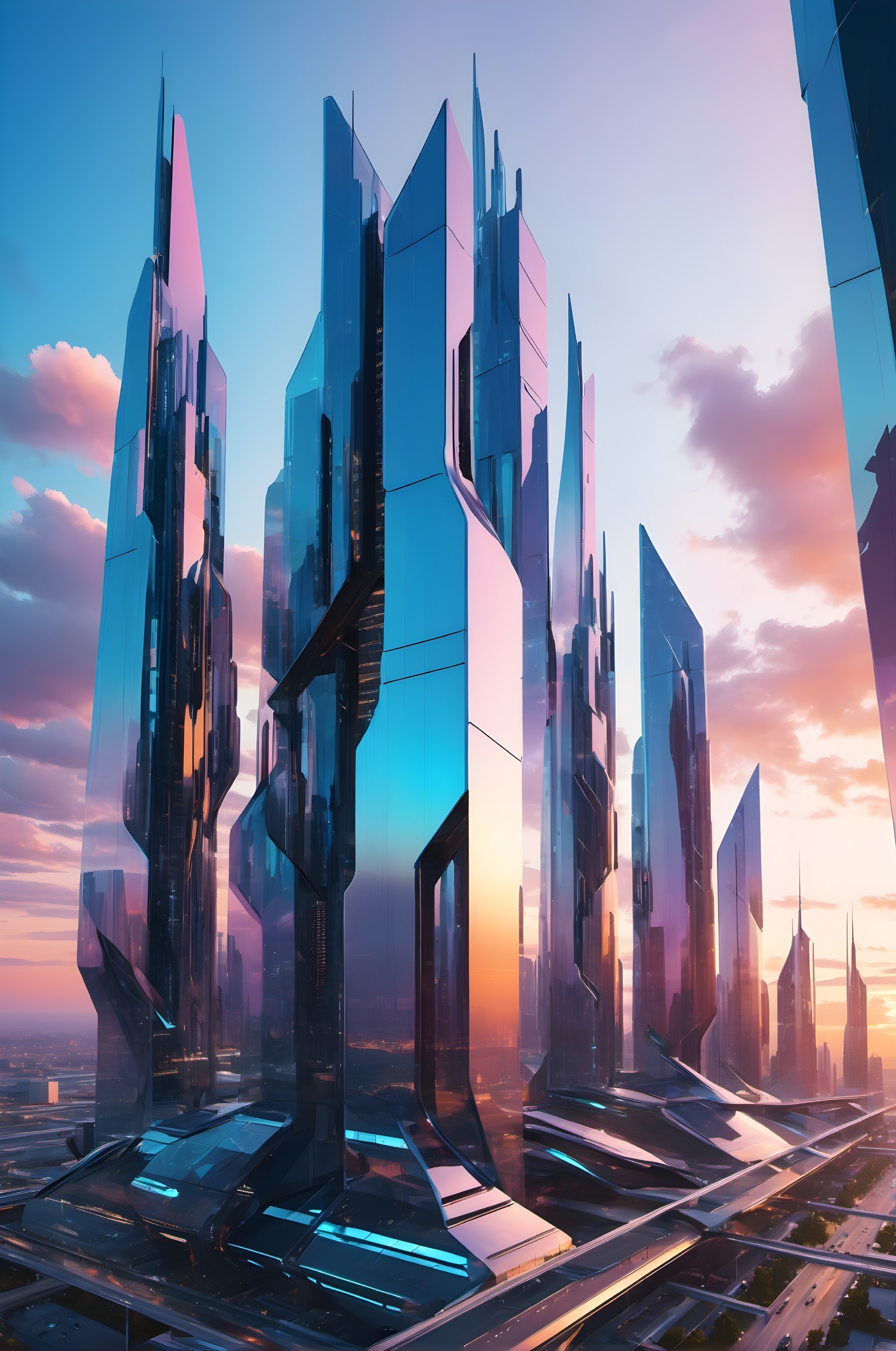 Futuristic Skyscrapers and Urban Landscape at Sunset