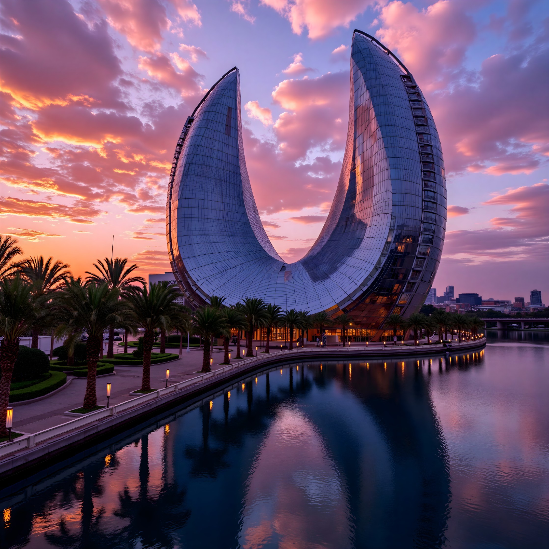 Modern Seashell-Shaped Building at Sunset with Palm Trees