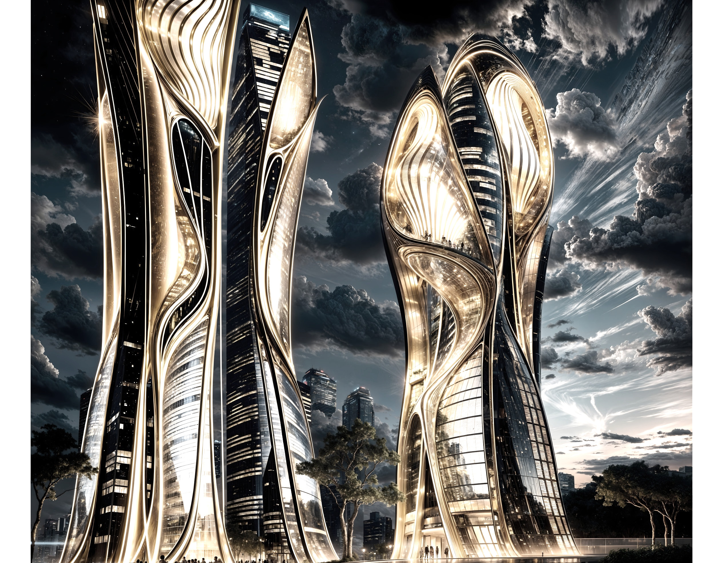 Futuristic Skyscrapers with Organic Designs and Greenery