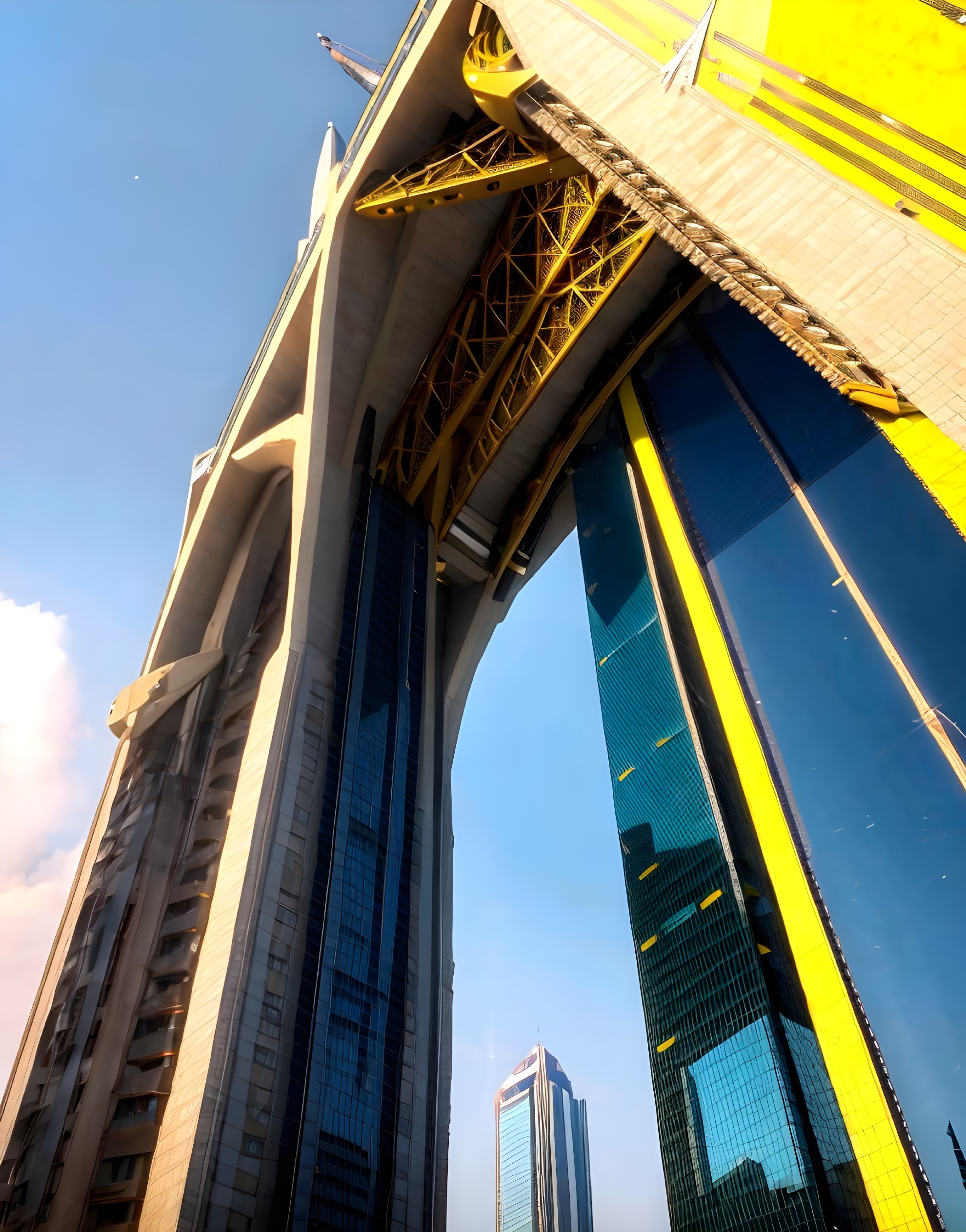 Modern architectural structure with glass and bold colors