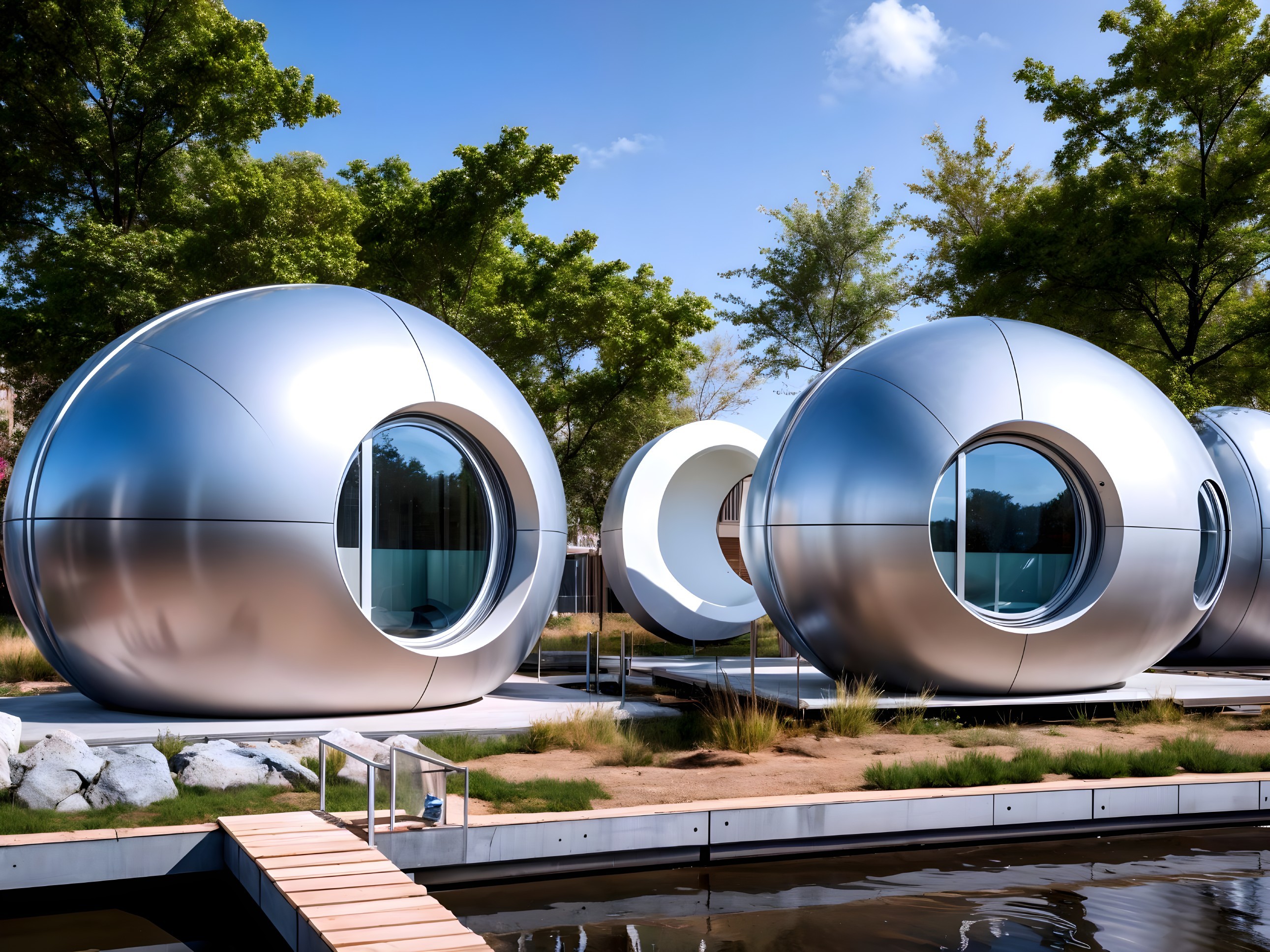 Futuristic Spherical Silver Pods in Tranquil Setting