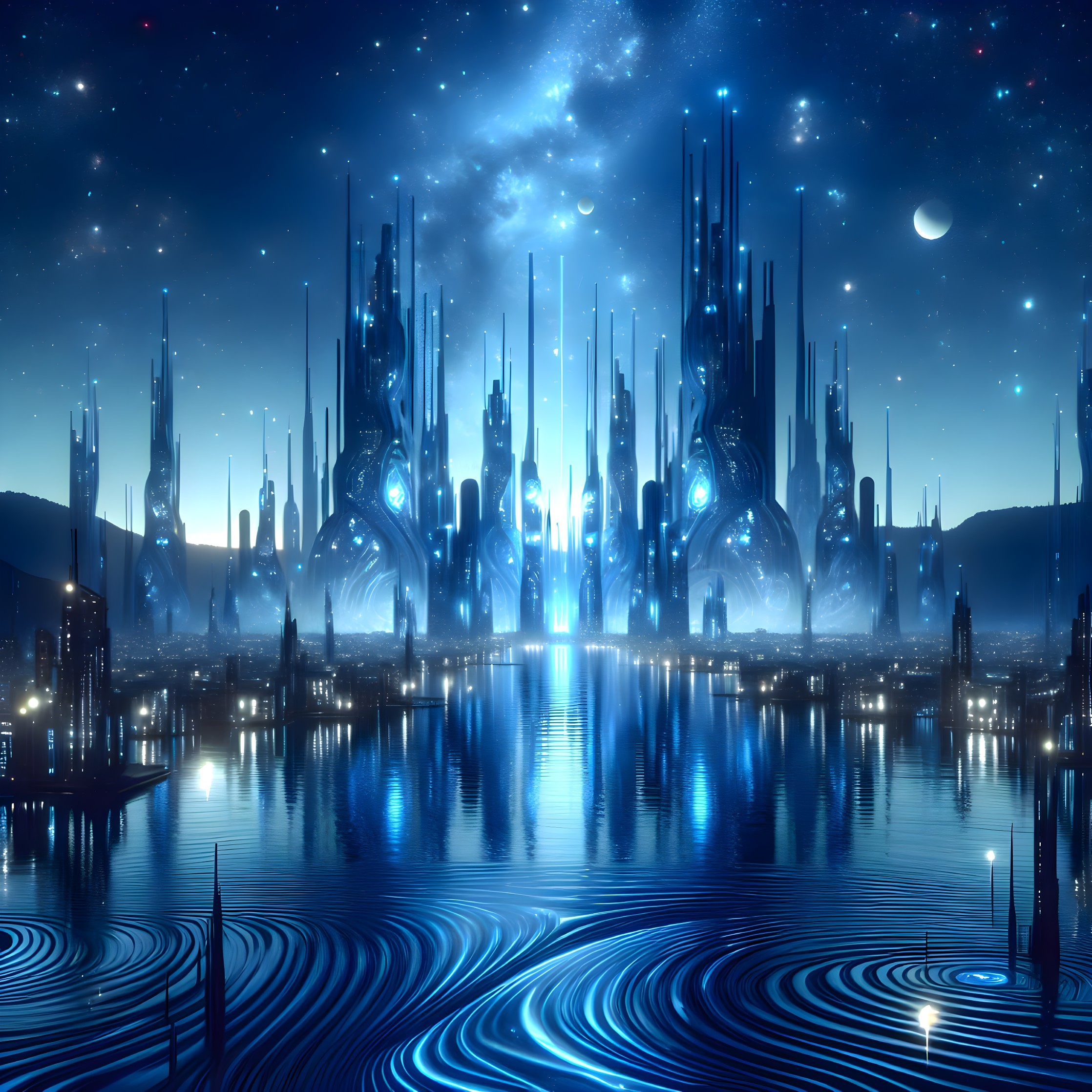 Futuristic cityscape reflecting in serene water at night