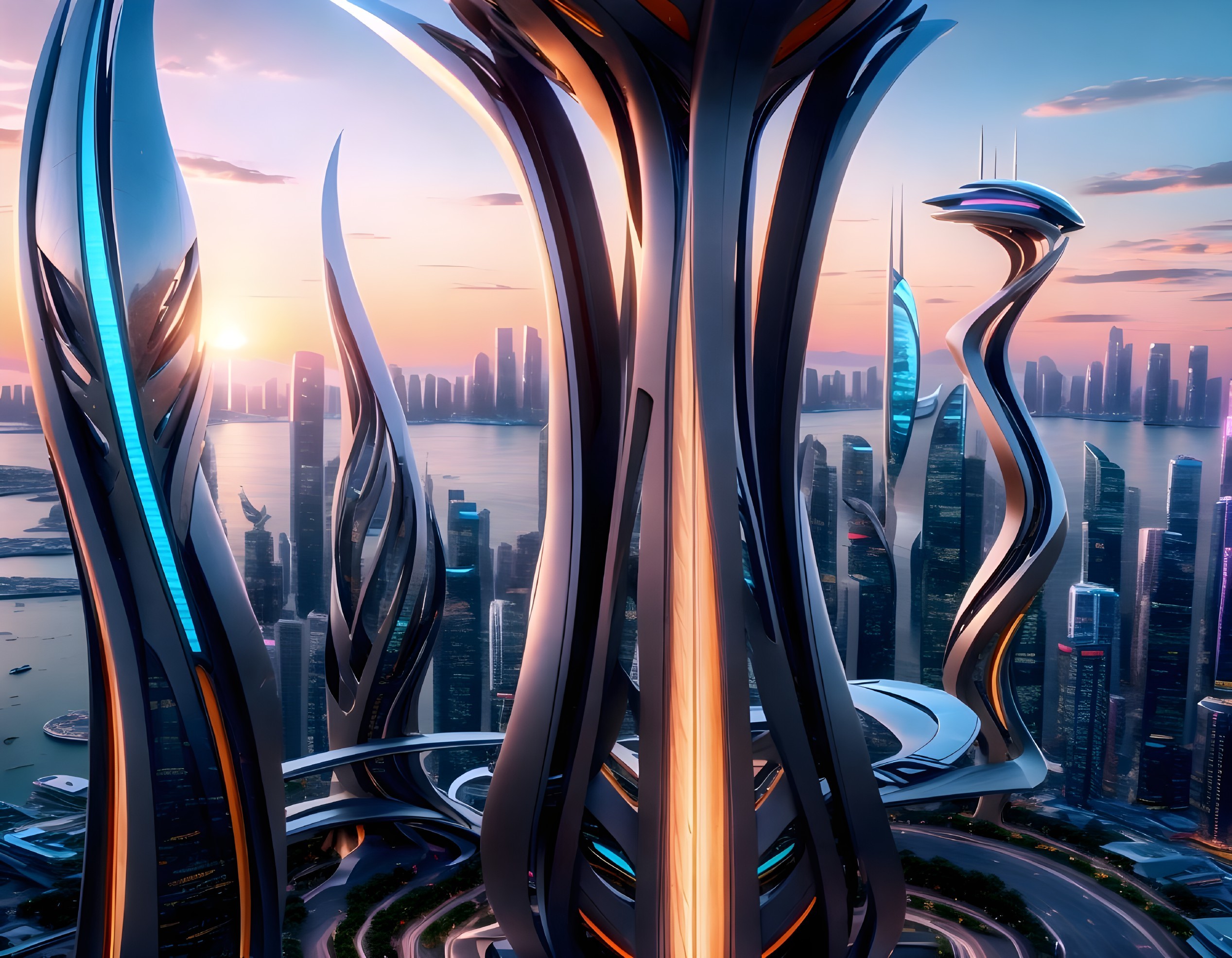 Futuristic cityscape with sleek designs and sunset sky