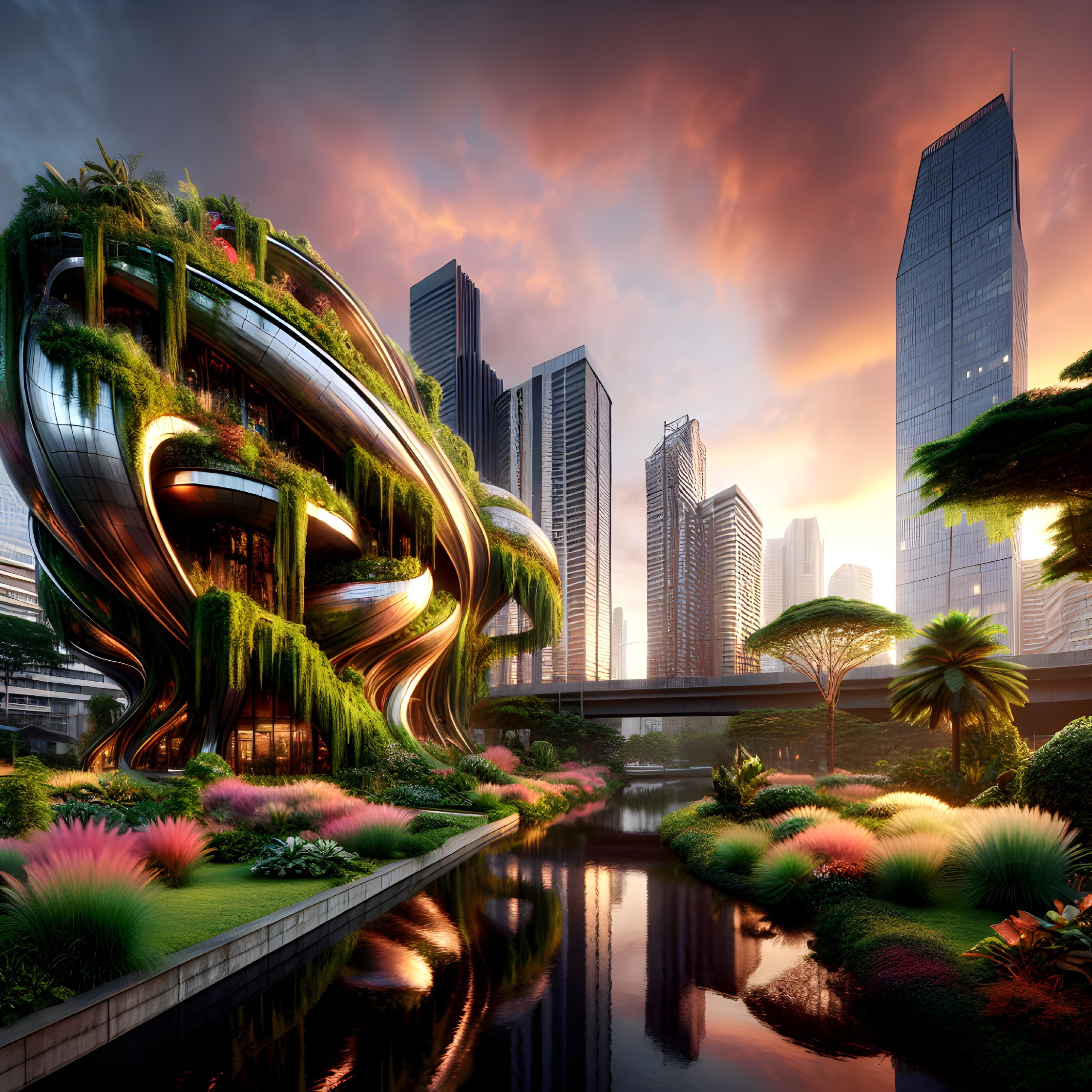 Futuristic cityscape with organic architecture and greenery