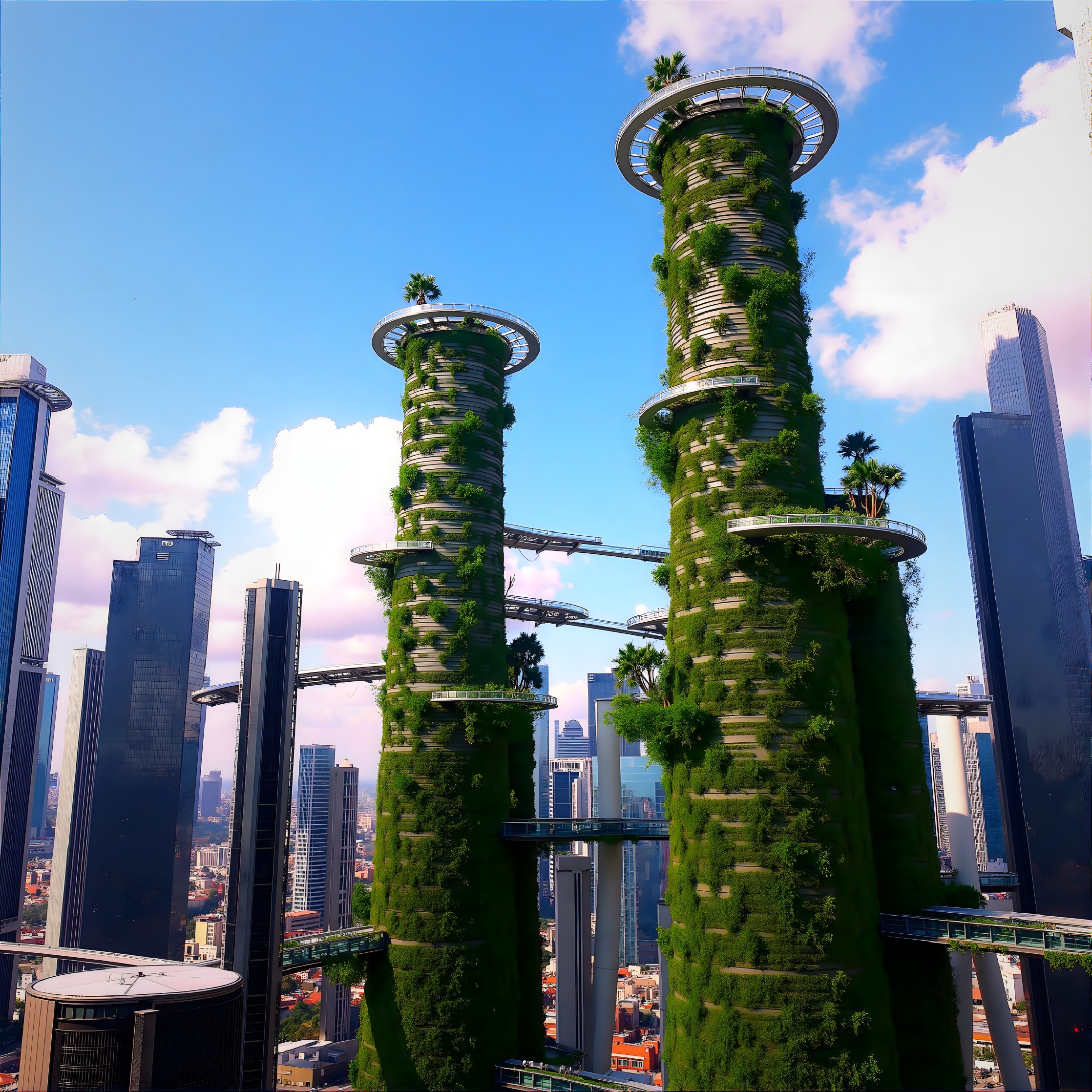 Futuristic City Skyline with Green Skyscrapers and Walkways