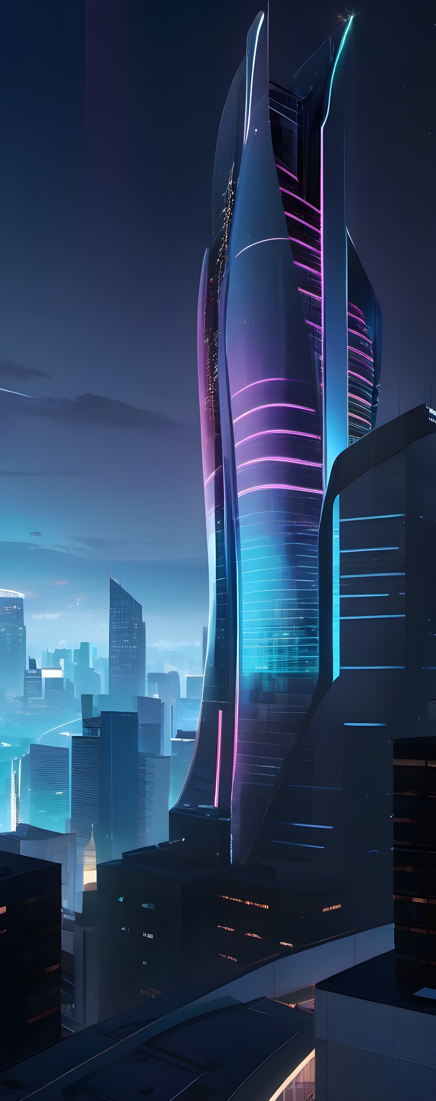Futuristic Skyscraper with Neon Lights in City Skyline
