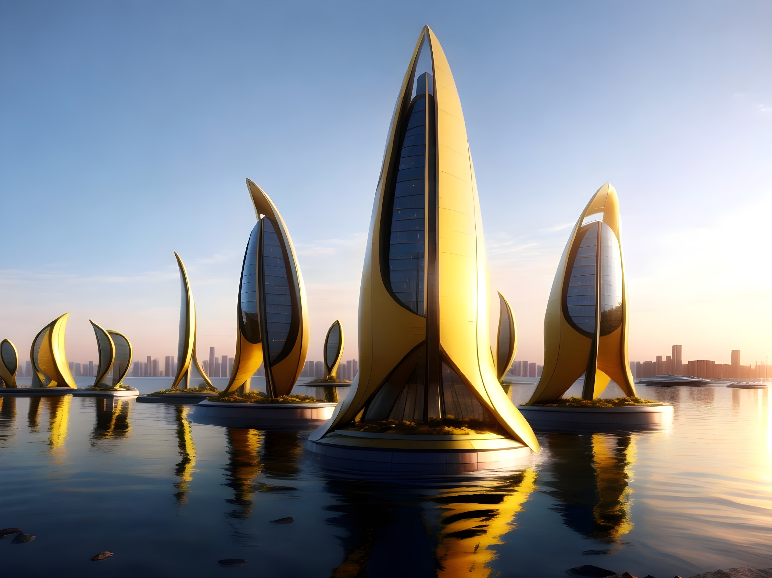Futuristic Landscape with Sail-Like Golden Buildings