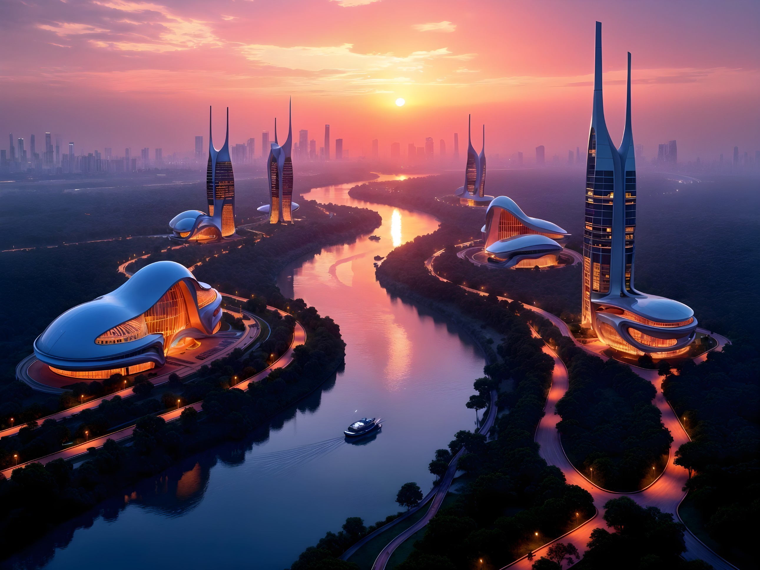 Futuristic cityscape at sunset with modern architecture