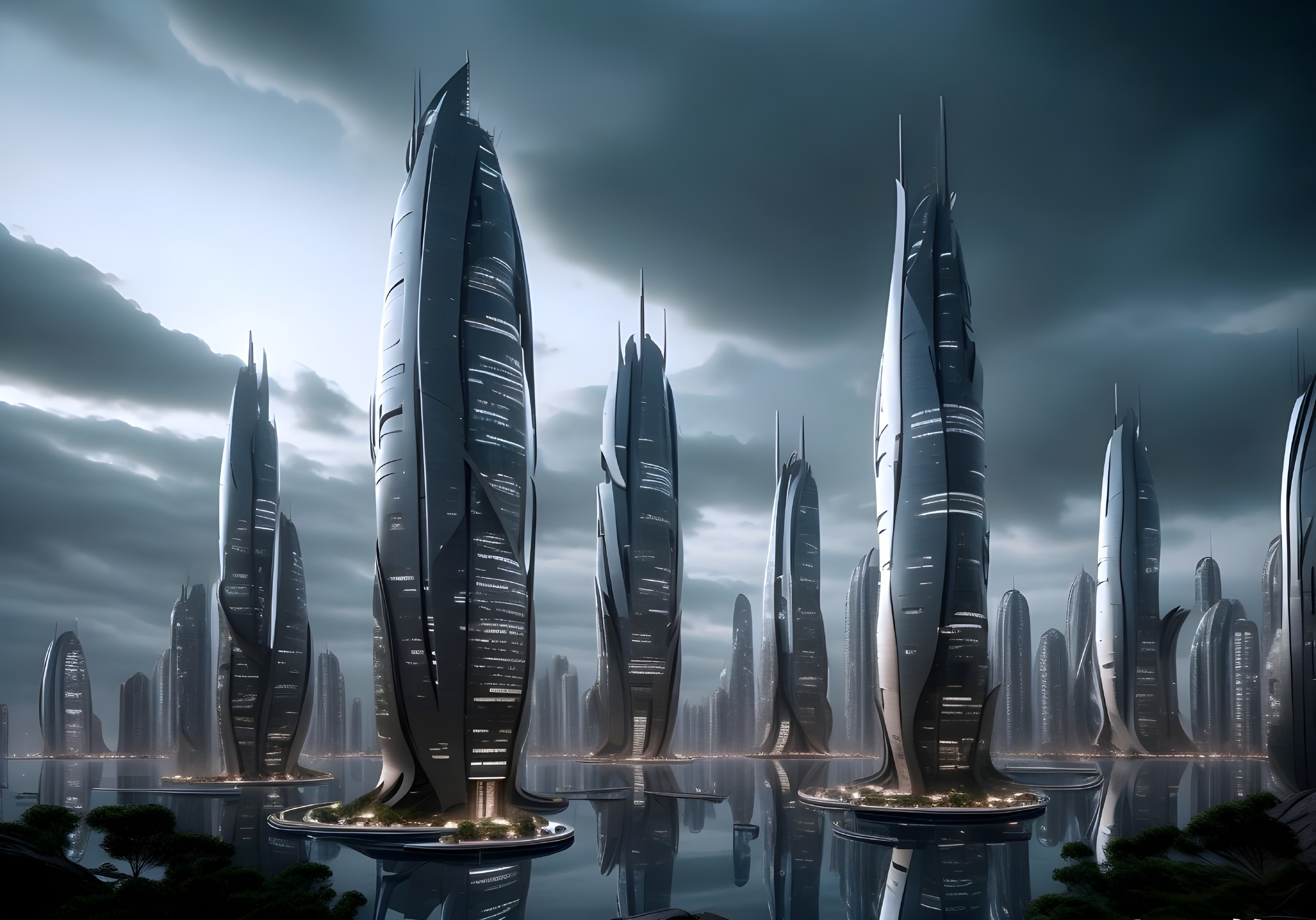 Futuristic Cityscape with Skyscrapers and Water Bodies