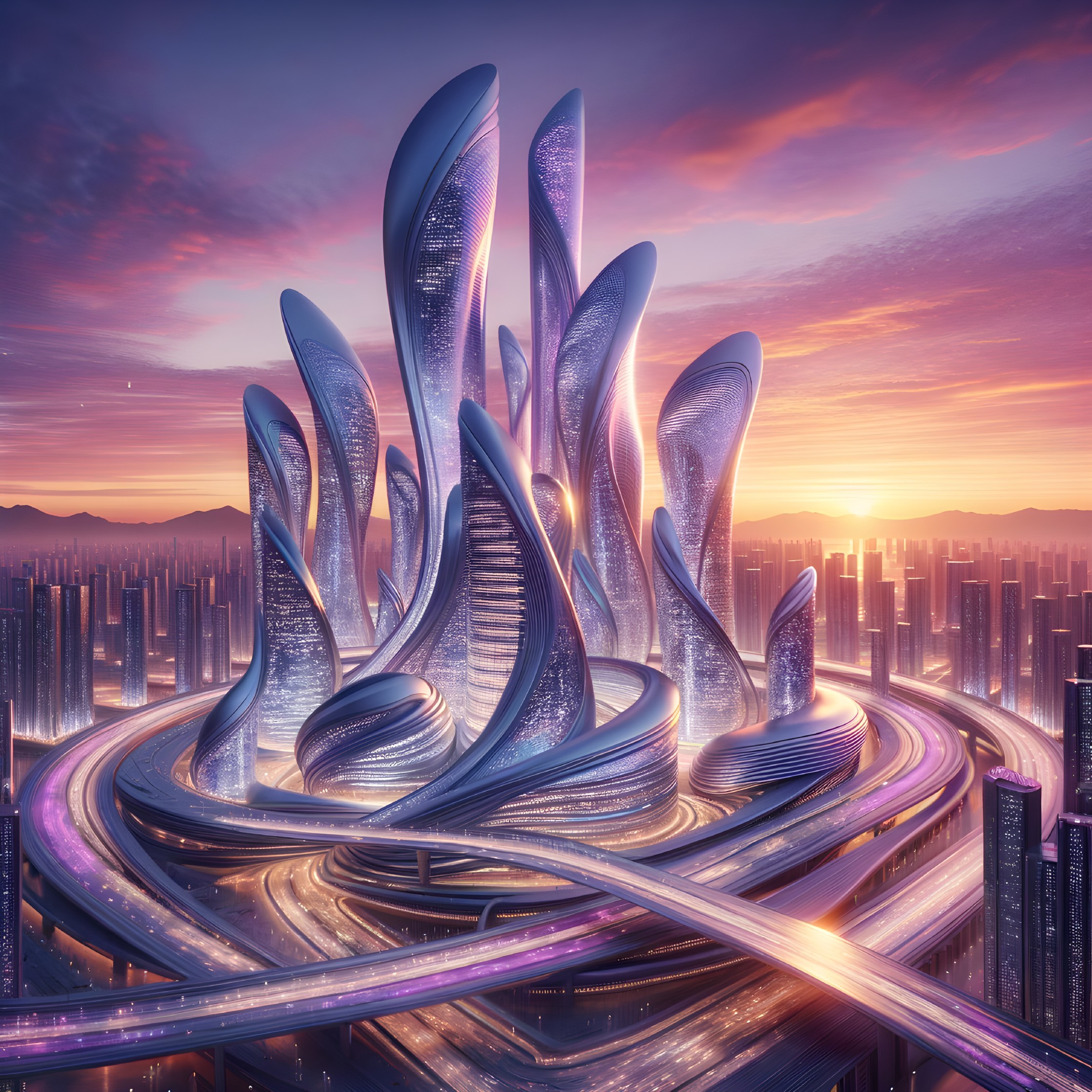 Futuristic cityscape at sunset with spiraling skyscrapers