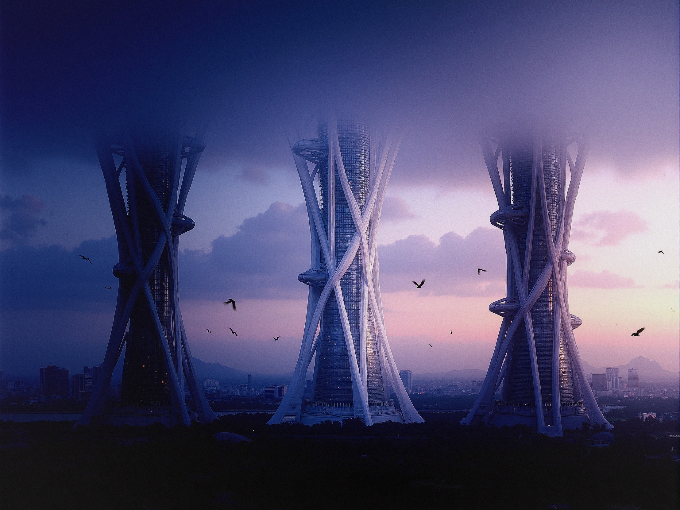 Futuristic Hourglass-Shaped Skyscrapers at Dusk
