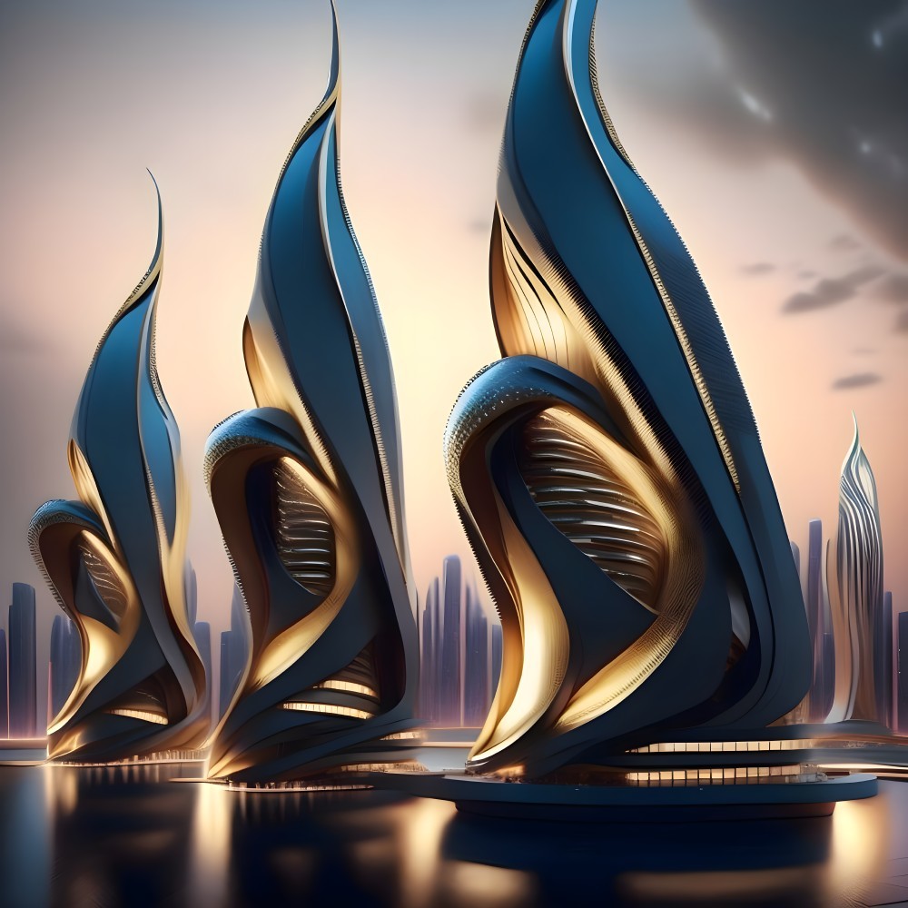 Futuristic skyscrapers with fluid sail-like designs