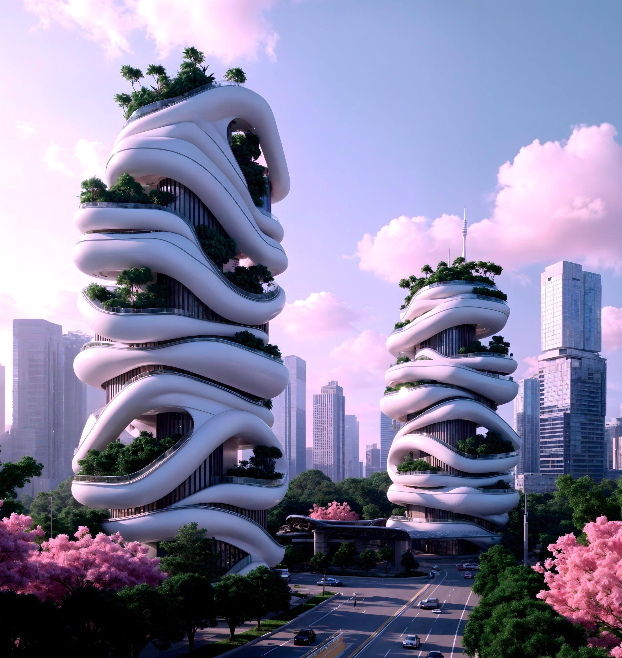 Futuristic Skyscrapers with Greenery in Urban Landscape