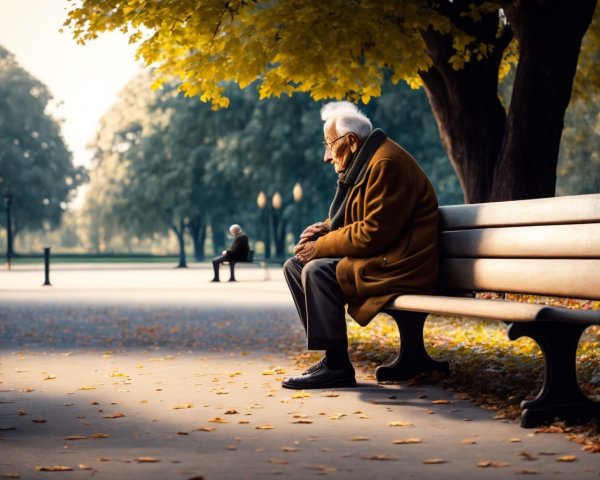 Elderly man on park bench with autumn leaves and distant figure