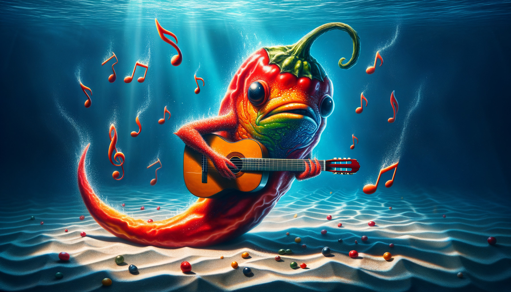 Whimsical chili pepper with fish head playing guitar underwater