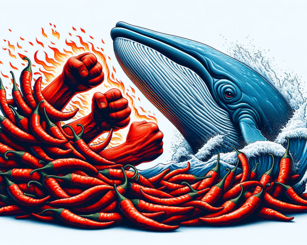 Surreal blue whale with human arms, red chili peppers, and water splashes