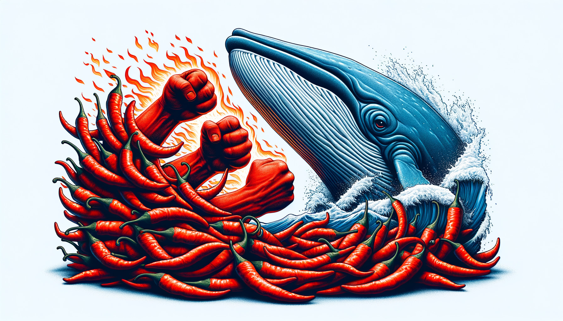 Surreal blue whale with human arms, red chili peppers, and water splashes