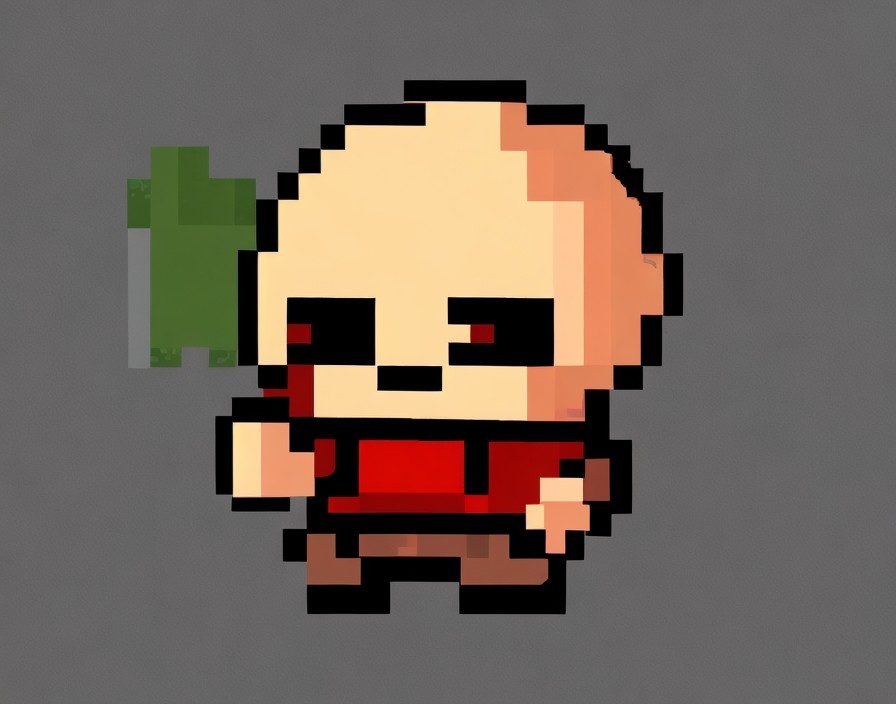 Bald character with red eyes and shirt next to green cross