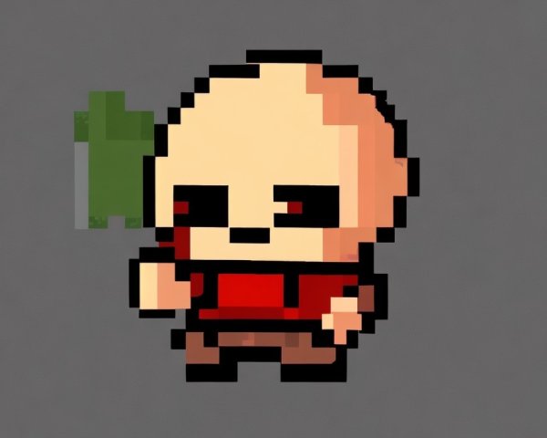 Bald character with red eyes and shirt next to green cross