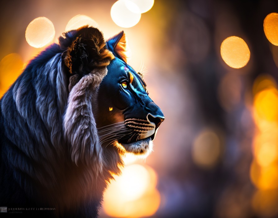 Majestic Black Lion with Blue Eyes and Bokeh Background