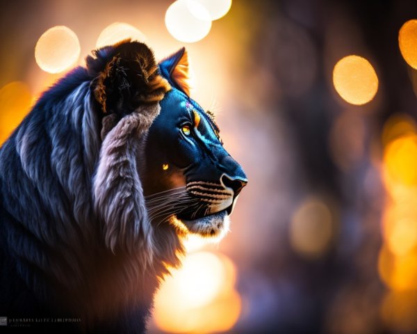 Majestic Black Lion with Blue Eyes and Bokeh Background
