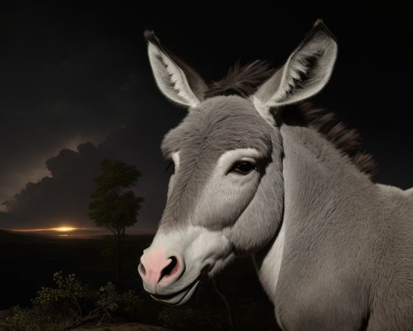Close-up of a donkey's head with dark backdrop