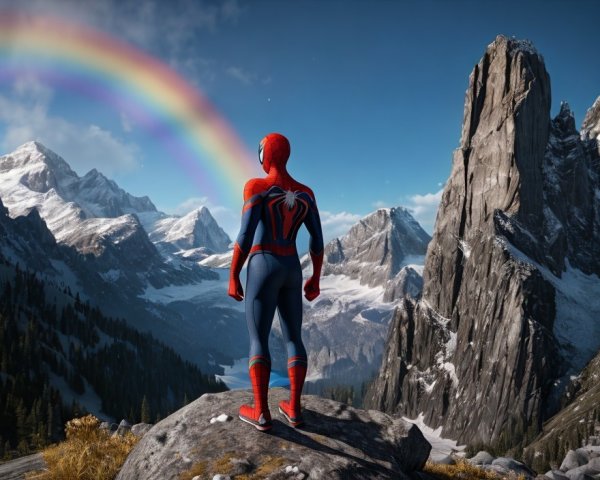 Cosplayer in Spider-Man costume on rock with rainbow and mountains.