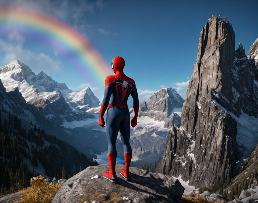 Cosplayer in Spider-Man costume on rock with rainbow and mountains.