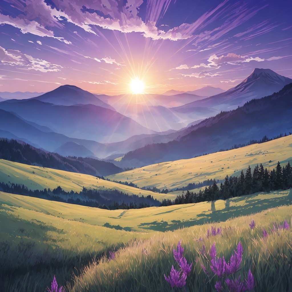 Scenic digital art: sunset over hills, greenery, flowers, distant mountains