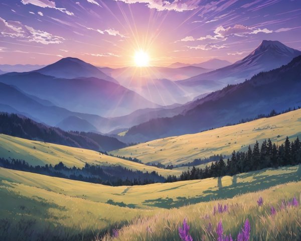 Scenic digital art: sunset over hills, greenery, flowers, distant mountains