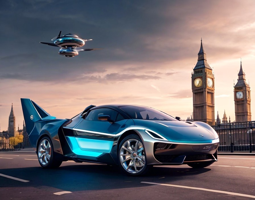 Futuristic car with gull-wing doors and flying vehicle against Big Ben at dusk