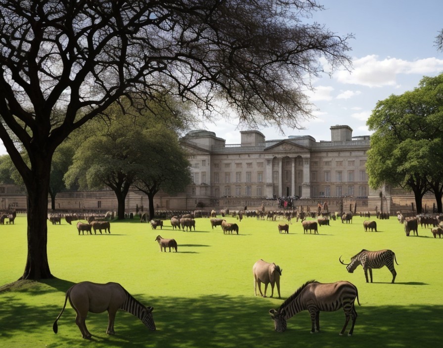 Zebras grazing in front of elegant palace building