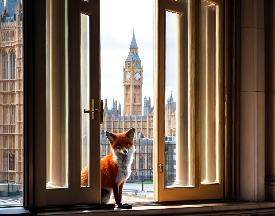 Fox standing inside with view of Big Ben clock tower from open window