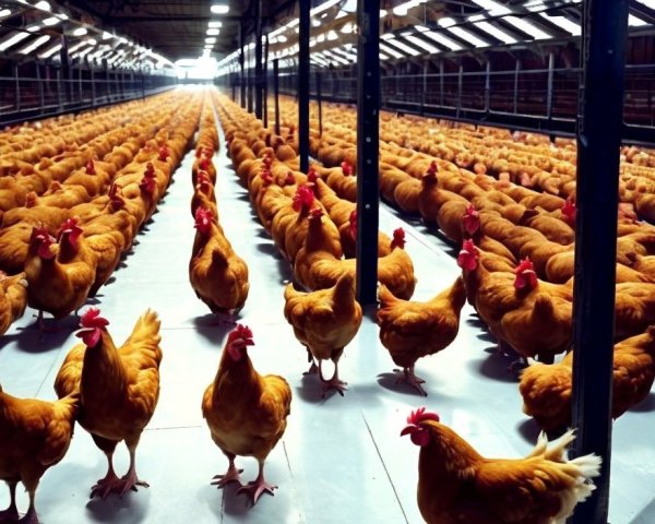 Industrial indoor farming facility with rows of chickens and metal structures