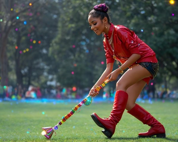 Woman in red attire poses with ribbon stick in park setting