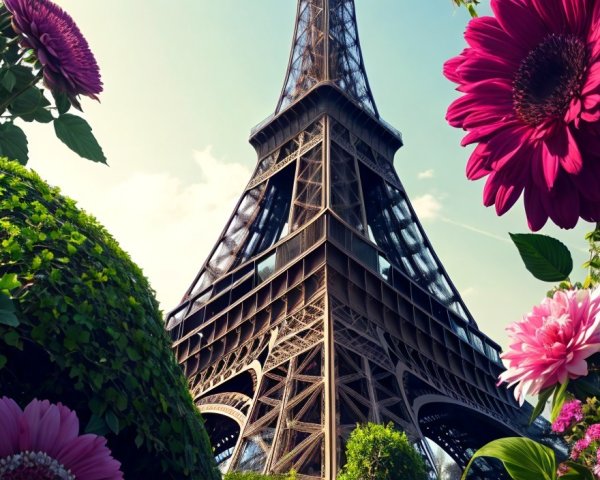 Iconic Eiffel Tower with colorful flowers under sunny sky