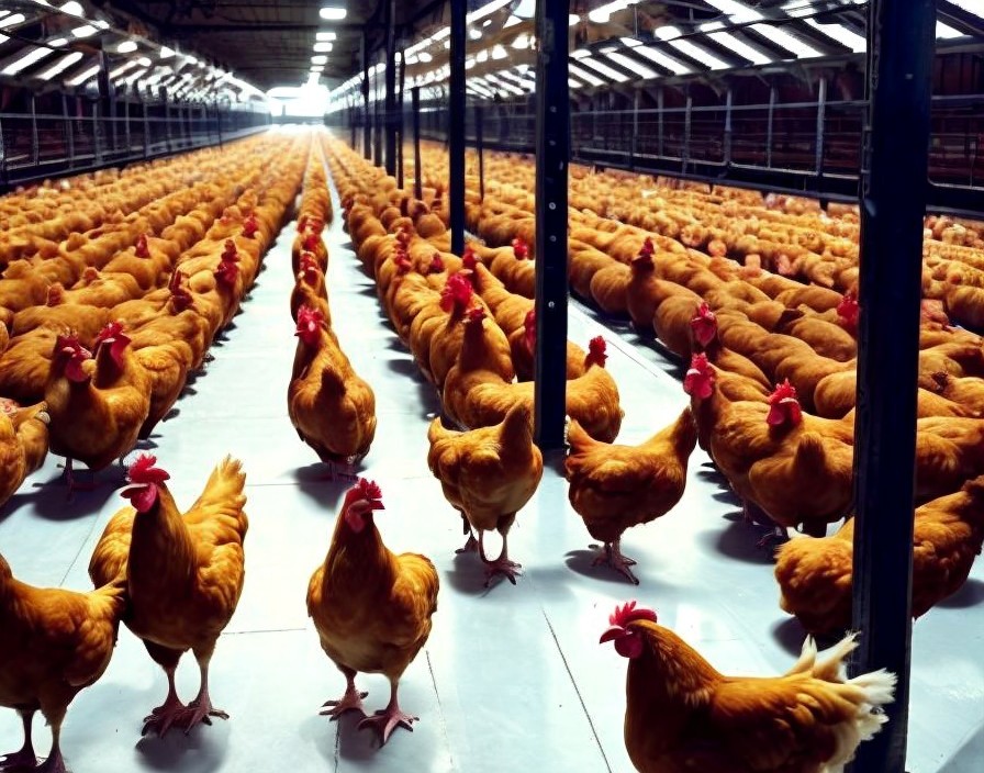 Industrial indoor farming facility with rows of chickens and metal structures