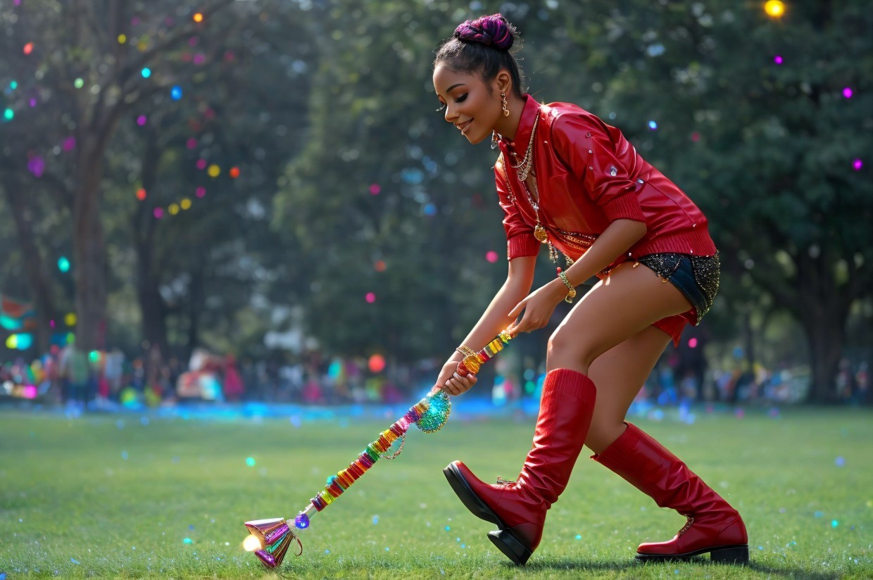 Woman in red attire poses with ribbon stick in park setting