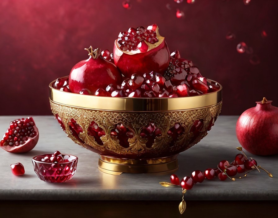 Golden bowl with pomegranate seeds and fruits on dark table