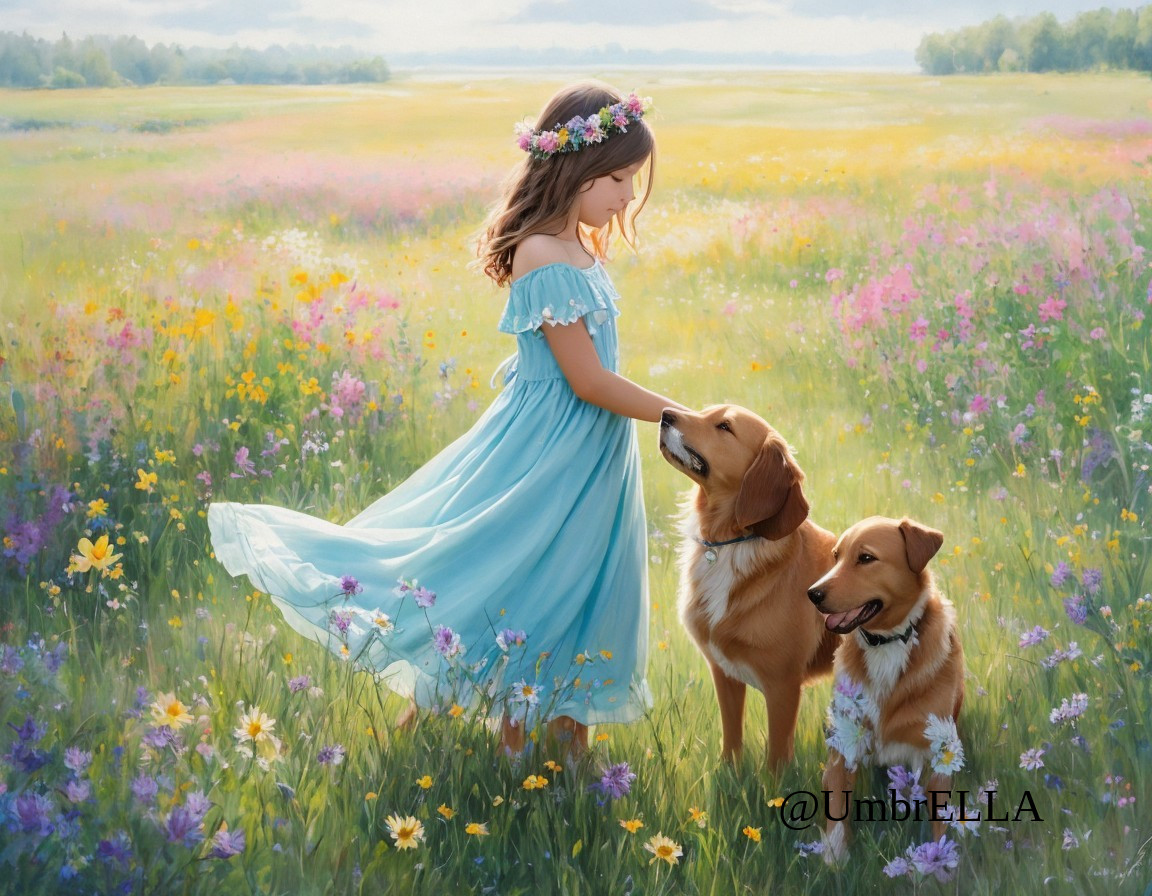 Young girl in blue dress with golden retrievers in flowers