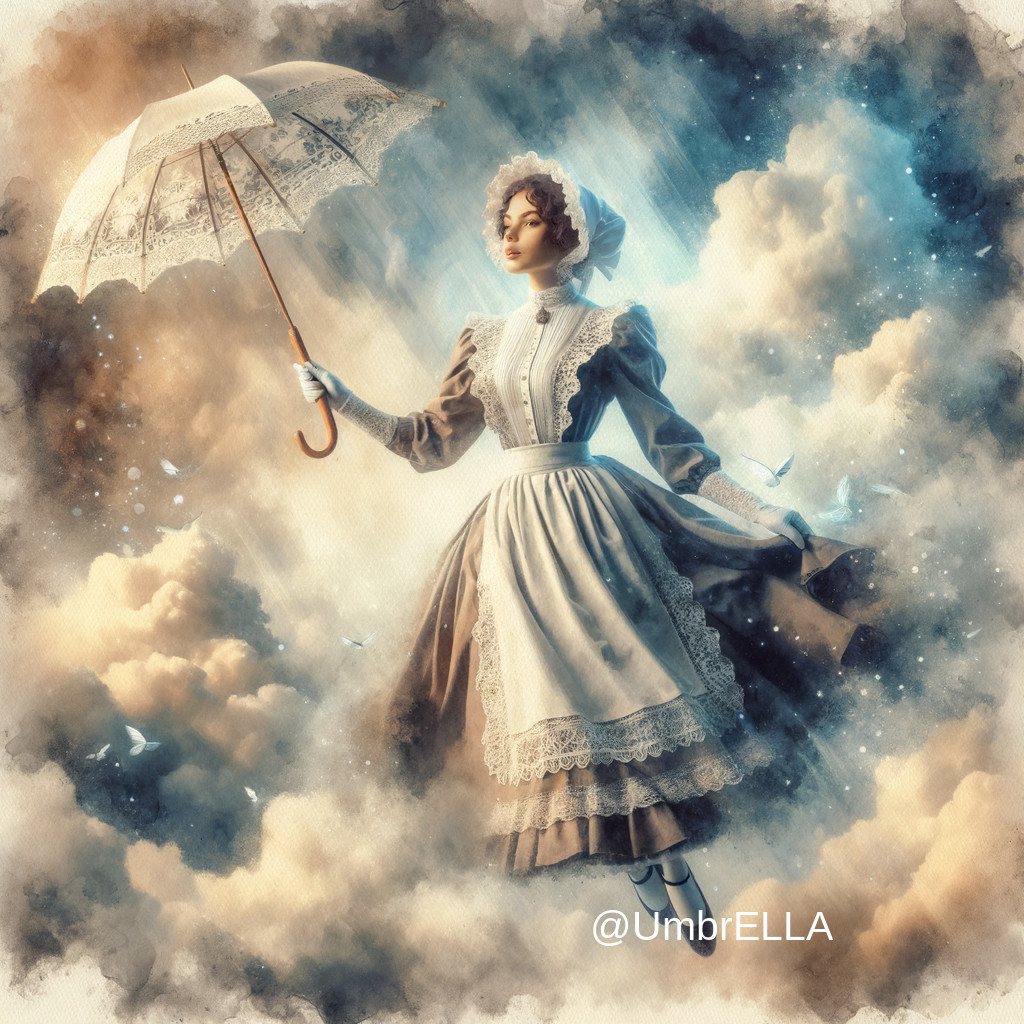 Young Woman in Vintage Dress Surrounded by Clouds